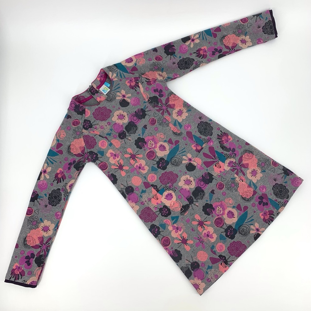 Nano Girls' Grey and Pink Floral Long Sleeve A-Line Dress with Pockets, 10